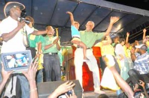 A jubilant David Granger at the Linden rally