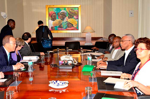 President David Granger [second from right) and his delegation meeting with UN Secretary General Ban Ki-moon and his delegation in Barbados