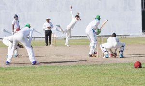 Gajanand Suknanan bagged 7-37 for GT at Bourda yesterday, bowls to Amir Khan. [Sean Devers photo) 