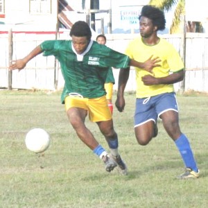 Action in the Greater Bartica/South clash on Sunday at the Bartica Community Centre ground. 