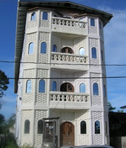 The front of the hotel on Joseph Pollydore Street, Lodge is a deception of the emptiness inside, after bandits had carried away the television sets