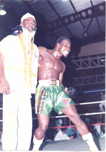  Boxing technician, Maurice ‘Bizzy’ Boyce moments after piloting Benjamin to a win against Spanish fighter, Ramos in 1997.