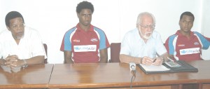 Members of the rugby fraternity (From left) GRFU President Noel Adonis, WI Captain Claudius Butts, WIRU President and Albert La Rose at yesterday’s press briefing at Olympic House.