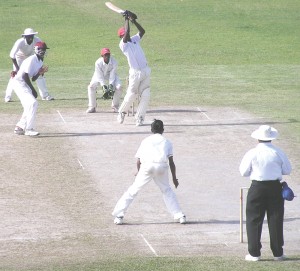 Pacer Keon Joseph starred with the bat yesterday, hitting an accomplished 59 at Eve Leary. Here he lifts leg-spinner Amir Khan for a huge six. 