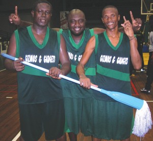 THE SWEEPERS!!! From left, Naylon Loncke, Aubrey Smith and Triston Lake  could not find the actual broom they brought to celebrate, so they  resorted to celebrating with a mop that was substituted for the broom.