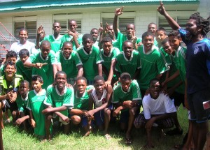 The enthusiastic bunch of footballers, moments before  engaging in their final practice match yesterday afternoon