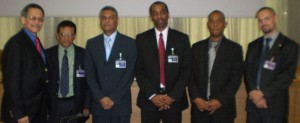 From left: Ambassador Dr. Patrick I. Gomes (Embassy Brussels), Neville Totaram (NACEN coordinator, MOFTIC), Hon. Manzoor Nadir (Minister of Labour), Gregory Downes (Trade Policy Attaché), Sheldon Mc Lean (Regional Trade Policy Advisor, CARICOM Secretariat), Andreas Lendle (Trade Economist, MOFTIC)