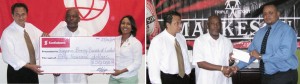 After extensive efforts Stanford Soloman (centre) was able to secure sponsorship from Troy Cadagon of beverage giants, Ansa MCal (at right) and Scotia Bank rep Jennifer Cipriani.