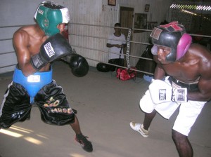 Dexter Marques (left) goes after Joseph Murray  during sparring sessions Wednesday afternoon last.