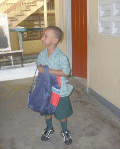 ‘Daddy I want to go home’ seems to be the thought of this little one as he stands outside a classroom at St Margaret’s.