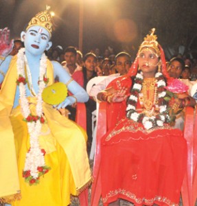 Children dressed as the God Vishnu and the Goddess Laxhmi at the West Demerara Diwali motorcade