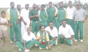 Good Success SC display their trophy following victory over Sans Souci SC in the final of the Sterling Products Ltd 40 overs cricket competition on Saturday at Wakenaam.