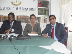 (From left) President of the Guyana Bar Association Teni Housty,  Sandra Kertzious of the Guyana Women’s Lawyers Association  and attorney at law Anil Nandlall.