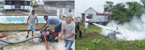 In this composite photo, volunteers extinguish a burning heap as well as operate the water pump during the recent trial run