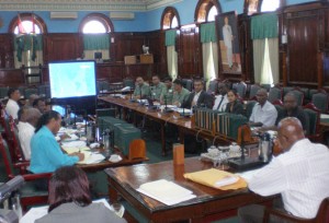 Minister of Agriculture, Robert Persaud, and GFC official  meeting with the special Parliamentary Committee yesterday.