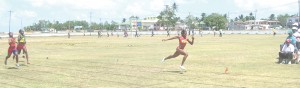 ALL ALONE!!! Alisha Fortune sets herself apart from the rest of the field in the 100m Women’s race of the Athletics Association of Guyana Developmental Meet yesterday.