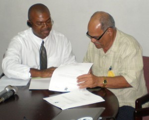 Rickford Vieira(L), Regional Goldmining Pollution Abatement Coordinator and Edward Shields, Executive Director of GGDMA 