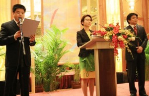 Guyana’s Charge d’Affaires, Choo An Yin, centre, addresses the anniversary function