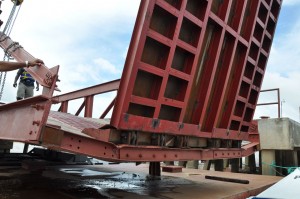 The bent beam of the ramp at the Supenaam  Stelling which forced its closure two weeks ago.