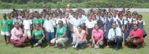 Participants in this year’s Seerja Construction Company Primary Schools  Windball Cricket Championships assemble shortly before the start of play.