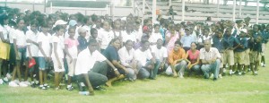 Teachers and students take a photo op shortly before the commencement of play at the Rose Hall Welfare Centre.