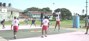 Flashback!!! Action in a volleyball game at the GuySuCo Training Centre in Berbice.  