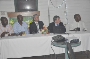 FIFA’s Marketing Consultants Urs Zanitti (second right) and Chris Collie (centre) seen with members of the GFF Executive including President Colin Klass (right) during their last visit.