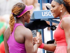 Serena Williams, right, shakes hands with Sloane Stephens after wrapping up a 6-4, 6-1 victory.  Robert Deutsch, USA TODAY