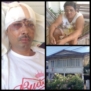 Composite photo showing a badly injured Nandalall, his mother and the house in which the robbery took place