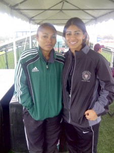 FIFA Referee Nicola Joseph (right) shares a light moment with FIFA and US Referee, Christina Unkel