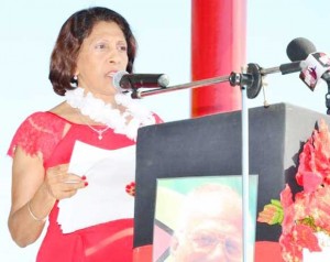 First Lady Deolatchmee Ramotar delivering a message from President Donald Ramotar at the 17th death anniversary observance of Dr. Cheddi Jagan.