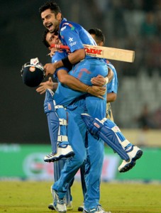 Yuvraj Singh lifts Virat Kohli up after the win. (AFP)