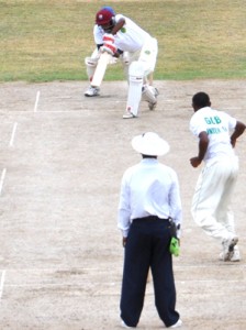 Balchand Baldeo drives yesterday during his magnificent unbeaten 177 for Berbice at Everest 