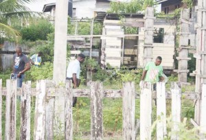 Police ranks comb through a nearby yard for clues to the murder.  