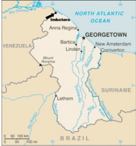 Map of Guyana with arrow pointing to Imbotero, Region 1