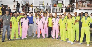 The two teams that competed in the Cricket For Unity Match, Kaieteur Thunders (pink) and Roraima Strikers.