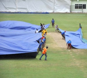 The ground staff ensures the ‘Square’ is well covered for today’s contest.