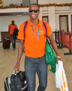 The hero for the Guyana team Patrick King seen coming out of the Arrival Lounge yesterday. 