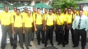 GCB President, Drubahadur (extreme right) with the Guyana Jaguars players at the Windjammer Hotel.