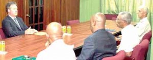 Outgoing British High Commissioner, Andrew Ayre, with Opposition Leader, David Granger (second from right), and other senior officials of A Partnership for National Unity. 