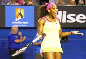 Serena Williams of the U.S. celebrates after defeating Maria Sharapova of Russia in their women’s singles final match at the Australian Open 2015 tennis tournament in Melbourne. REUTERS/David Gray