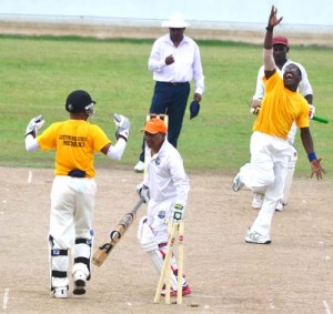 In better days! Media Skipper Calvin Roberts shatters the stumps of the former Guyana wicket-keeper batsman Sheik Mohammed as Keeper Daniel Singh enjoys the moment and Eon Abel watch in dismay from the non-striker’s end for the Enmore side.  