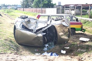 The female driver of this Toyota Vitz escaped serious injury after apparently falling asleep at the wheel.