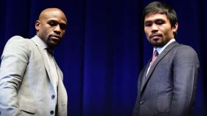 Floyd Mayweather and Manny Pacquiao face off in Los Angeles at a press conference.