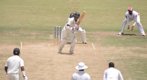 Shiv Chanderpaul clips Brian Charles to mid-on at Providence yesterday.