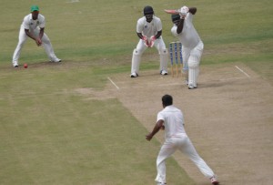 Tamar Lambert is about to be taken by Chanderpaul off Veerasammy Permaul who took 5-77 yesterday.