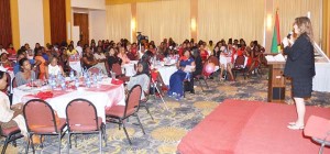 American Author Robin Shaye addressing the gathering at the International Women’s Day forum, Sunday.