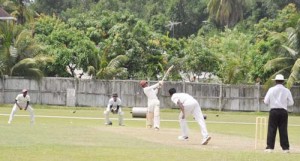 Renaldo Renee goes over the top to an expensive Ashkay Ramnarine during his undefeated 72 at Wales yesterday.