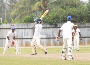 Sherfane Rutherford hit the first ball he faced for six at Enmore yesterday