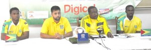 From left Vice Captain Vurlon Mills, Faizal Khan, Jamaal Shabazz & Skipper Dwain Jacobs at yesterday’s briefing at the GFF office.